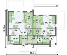 Чертеж большого коттеджа площадью 228 кв. м в стиле фьюжн