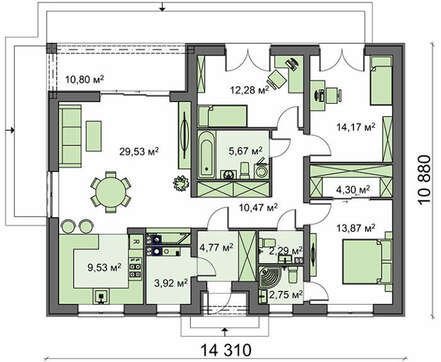 Проект компактного жилого дома на 124 кв. м для проживания небольшой семьи