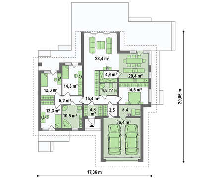 Планировка привлекательного коттеджа на 246 кв. м с просторной гостиной и витражными окнами