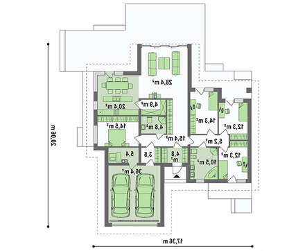 Планировка привлекательного коттеджа на 246 кв. м с просторной гостиной и витражными окнами