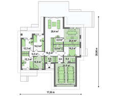 Планировка привлекательного коттеджа на 246 кв. м с просторной гостиной и витражными окнами