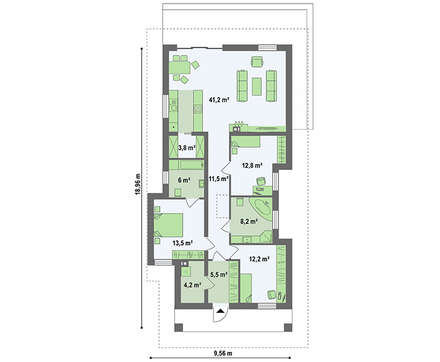 Чертеж компактного коттеджа на 116 кв. м под четырехскатной кровлей из металлочерепицы