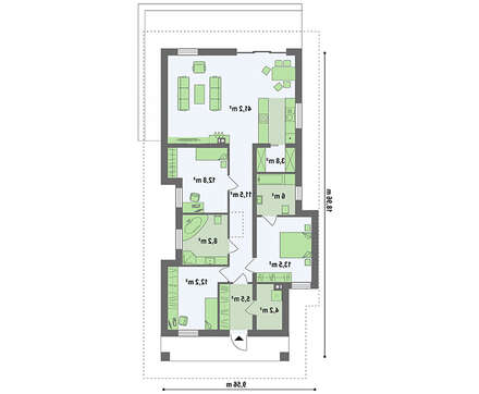 Чертеж компактного коттеджа на 116 кв. м под четырехскатной кровлей из металлочерепицы