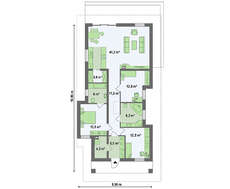 Чертеж компактного коттеджа на 116 кв. м под четырехскатной кровлей из металлочерепицы