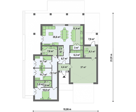 Проект одноэтажного дома площадью 186 кв. м с декором из искусственного камня