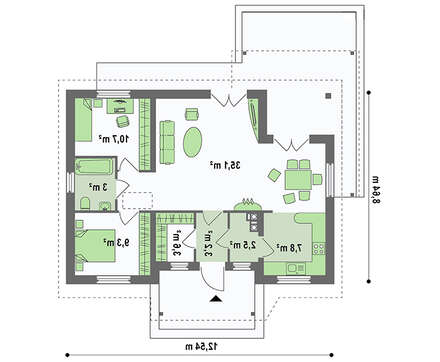 Планировка сезонного коттеджа площадью 75 кв. м для отдыха