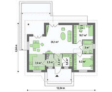 Планировка сезонного коттеджа площадью 75 кв. м для отдыха