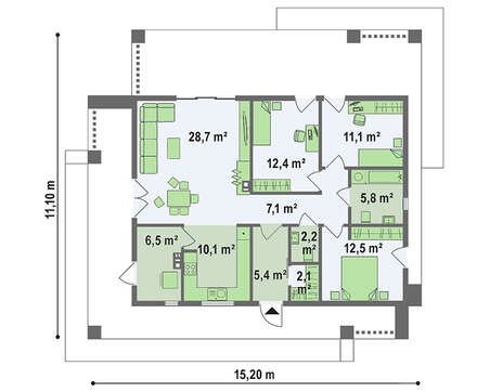 Чертеж компактного коттеджа площадью 103 кв. м с лаконичным экстерьером