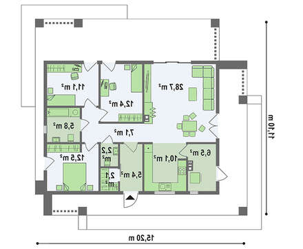 Чертеж компактного коттеджа площадью 103 кв. м с лаконичным экстерьером