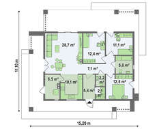 Чертеж компактного коттеджа площадью 103 кв. м с лаконичным экстерьером