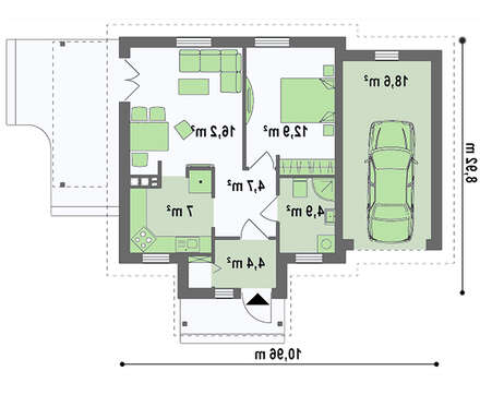 План дачного домика площадью 68 кв. м с гаражом