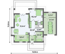 Чертеж симпатичного коттеджа площадью 184 кв. м с пристроенным гаражом