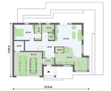 Проект коттеджа с гаражом для двух автомобилей и угловым эркером