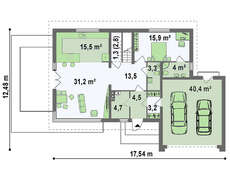 Проект дома с мансардой, гостиной и гаражом на две машины