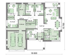 Проект одноэтажного дома с четырьмя спальнями и кабинетом