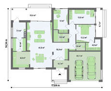 Проект одноэтажного коттеджа с гаражом и крытой террасой