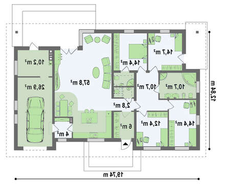 Проект одноэтажного коттеджа с 4 спальнями