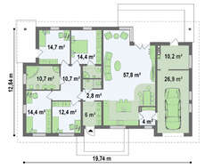 Проект одноэтажного коттеджа с 4 спальнями