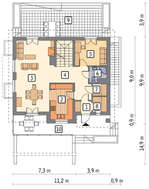 Интересный проект двухэтажного жилого дома с кухней в центре и гаражом в цокольном этаже