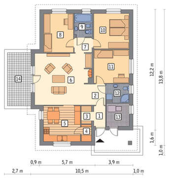 Проект одноэтажного жилого дома с просторной кухней-столовой