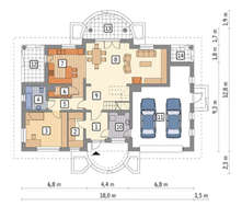 Интересный проект двухэтажного дома с полукруглыми крылечками и двумя спальнями