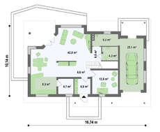 Проект коттеджа со встроенным гаражом, угловой террасой и кабинетом