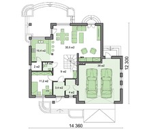 Схема оригинального двухэтажного жилого дома с полукруглыми балконами и террасами
