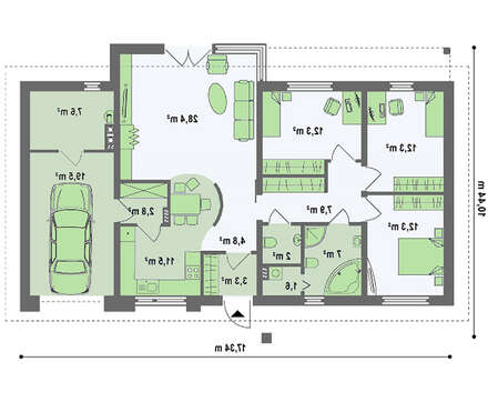Проект одноэтажного коттеджа с гаражом, с приватной зоной