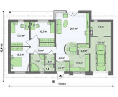 Проект одноэтажного коттеджа с гаражом, с приватной зоной