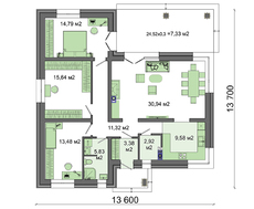 Схема красивого коттеджа, декорированного кирпичом и с двумя спальнями, большим гардеробом