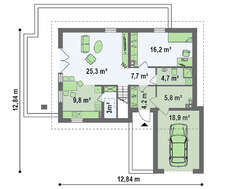 Проект коттеджа с мансардой, с фронтальным гаражом
