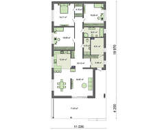 Проект одноэтажного коттеджа с 3 спальнями для узкого участка