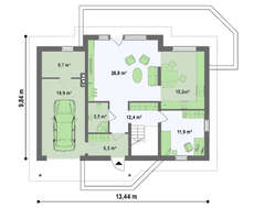 Проект коттеджа с гаражом и большим мансардным окном
