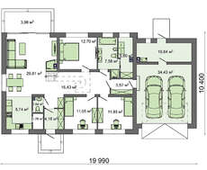 Проект одноэтажного коттеджа с гаражом для двух автомобилей