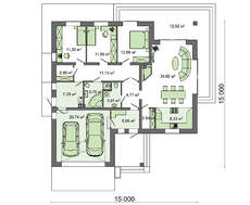 Схема одноэтажного коттеджа площадью в 166 кв. м со встроенным гаражом на 2 автомобиля