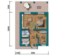 Схема двухэтажного коттеджа площадью 153 кв. м в стиле барнхаус с навесом для автомобиля