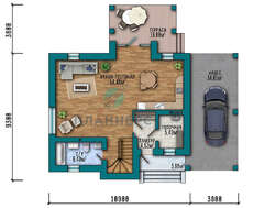 План коттеджа площадью 197 кв. м. с навесом для автомобиля под общей крышей