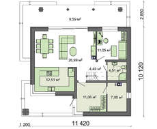 Схема компактного двухэтажного коттеджа площадью 174 кв. м с черно-белым экстерьером