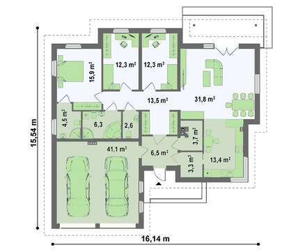Проект одноэтажного коттеджа с гаражом для двух авто