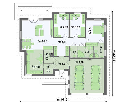 Проект одноэтажного коттеджа с гаражом для двух авто