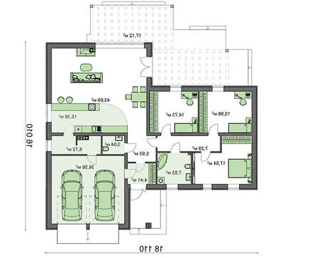 Проект одноэтажного коттеджа с фронтальным гаражом для двух машин