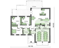 Проект одноэтажного коттеджа с фронтальным гаражом для двух машин