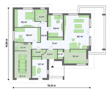Проект уютного классического одноэтажного дома с гаражом для 1 машины