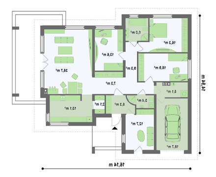 Проект уютного классического одноэтажного дома с гаражом для 1 машины