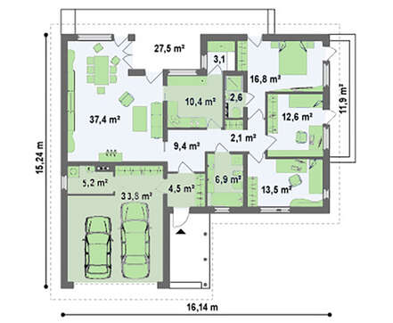 Проект коттеджа с гаражом для двух авто