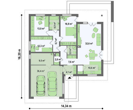 Проект одноэтажного коттеджа с гаражом для двух автомобилей и большим хозяйственным помещением