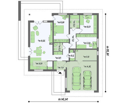 Проект одноэтажного коттеджа с гаражом для двух автомобилей и большим хозяйственным помещением
