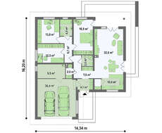 Проект одноэтажного коттеджа с гаражом для двух автомобилей и большим хозяйственным помещением