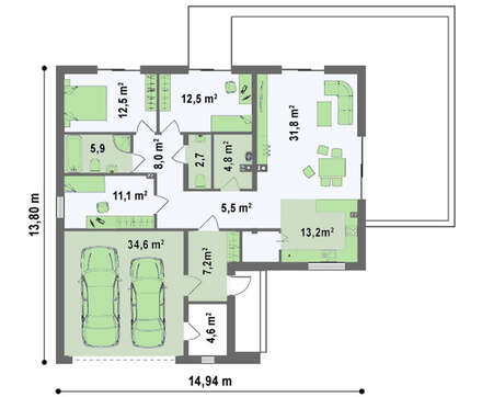 Проект современного необычного одноэтажного дома