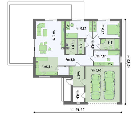 Проект современного необычного одноэтажного дома